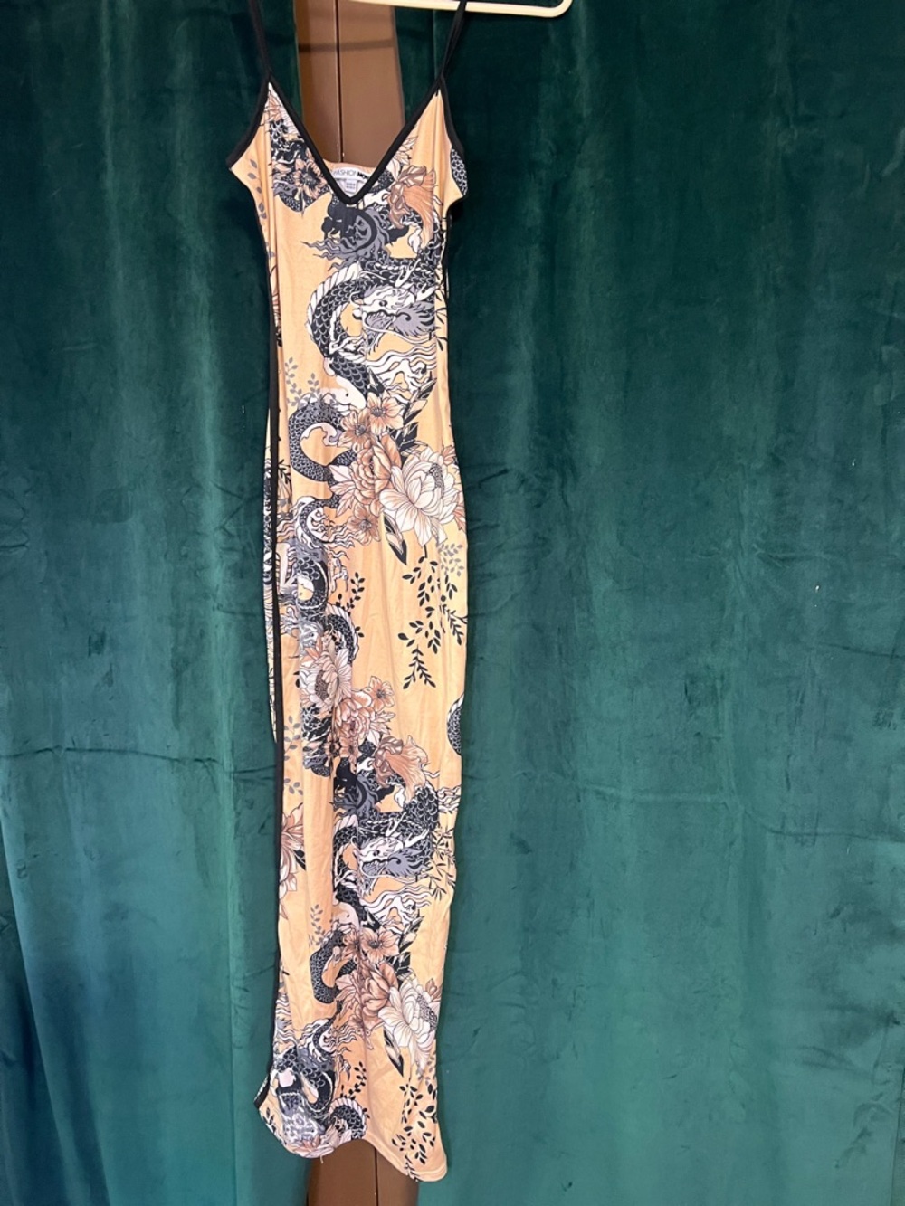 Fashion Nova Peach Maxi Slip Dress with Black Dragon & Floral Print